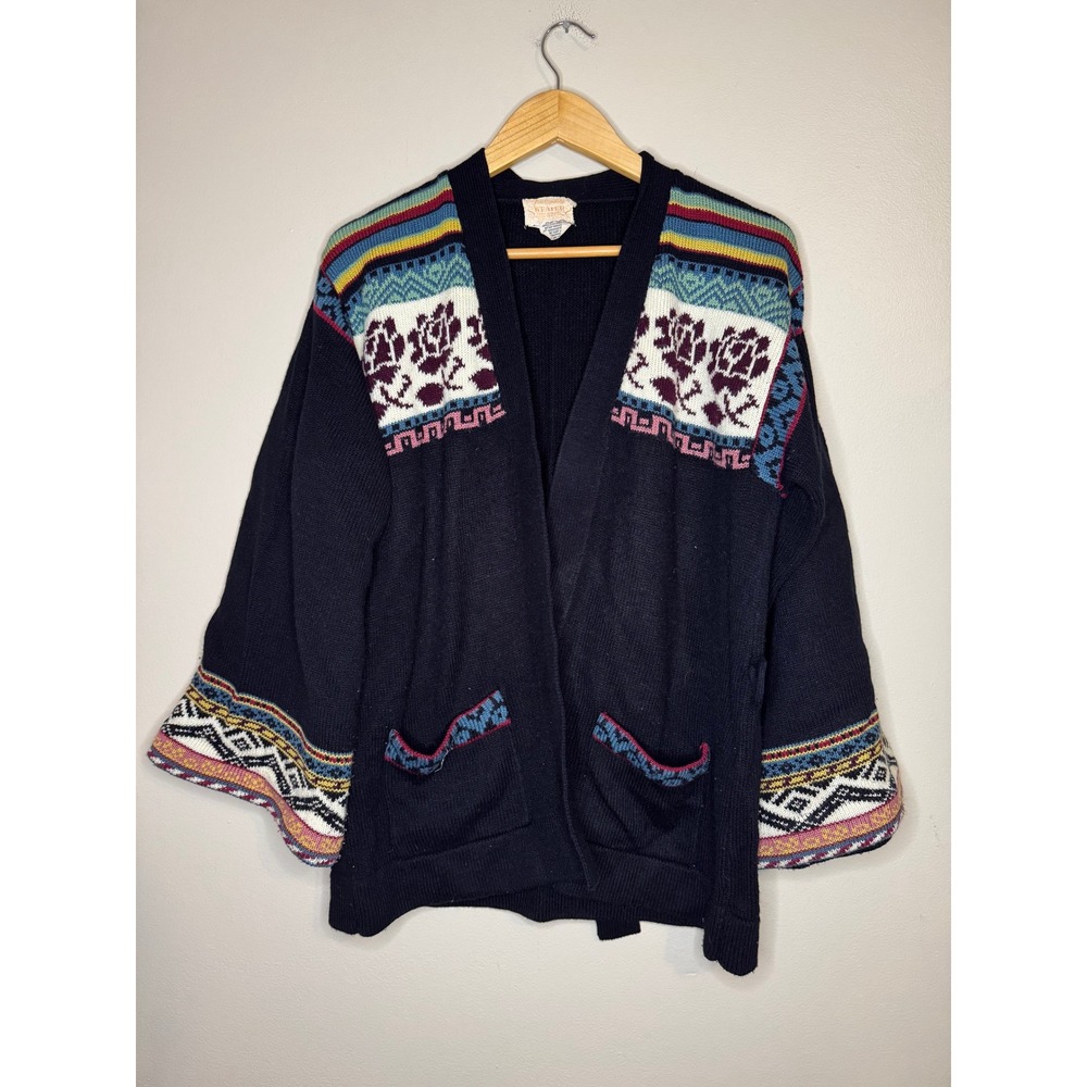 Vintage Fine Quality Sweater Womens Navy Blue Floral Intarsia Knit Cardigan L